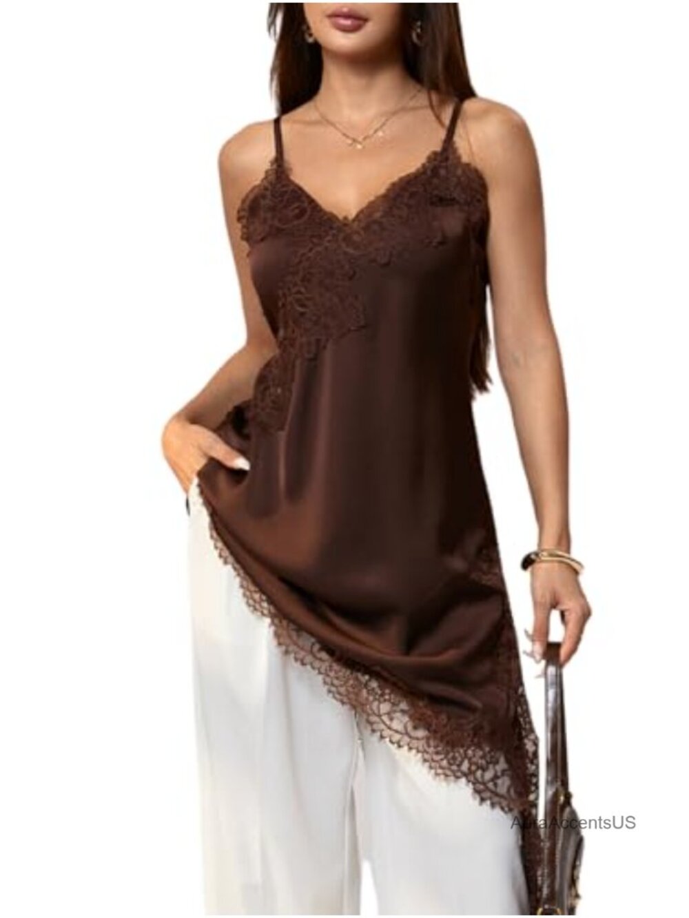 Satin Halter Neck Tank Top Lace Asymmetrical Hem Sleeveless Summer
